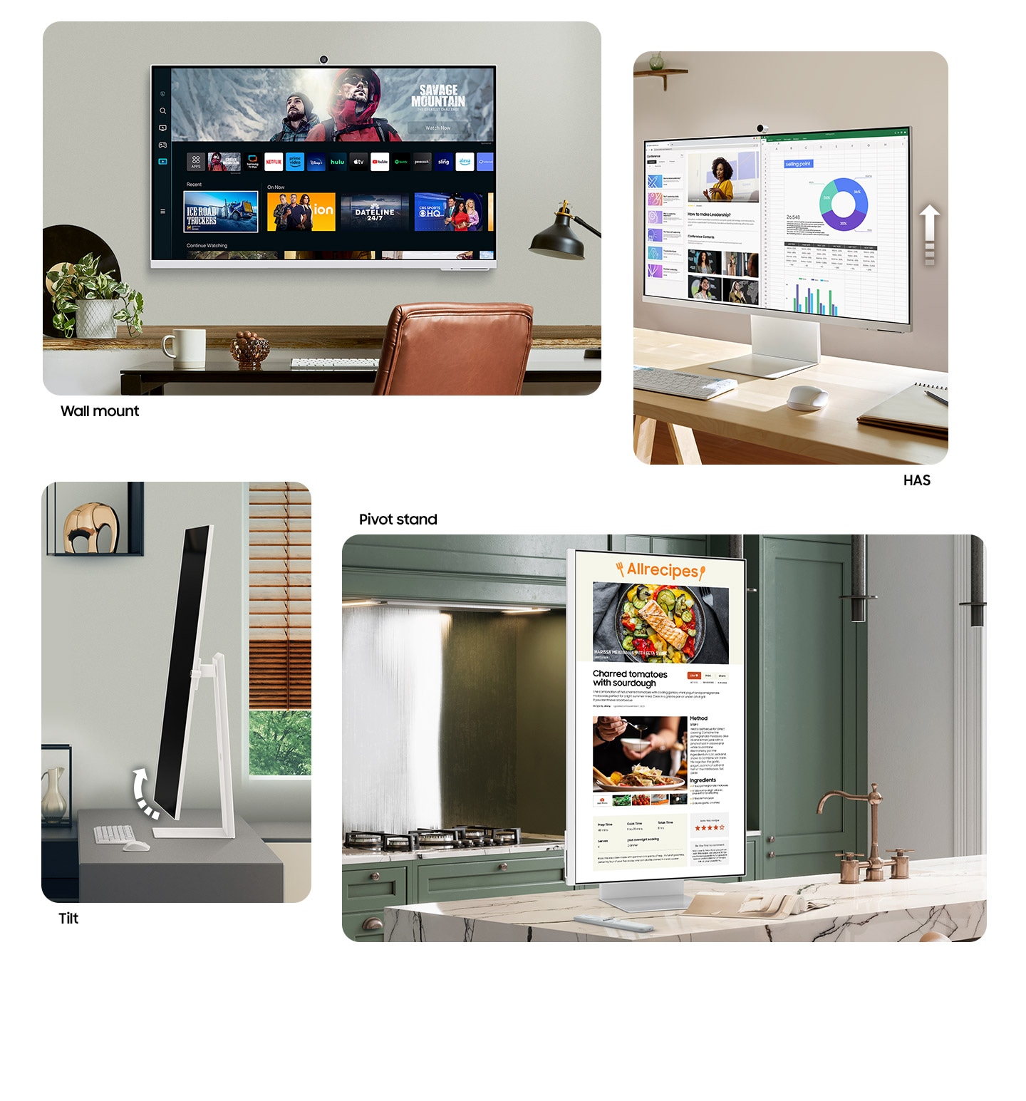 There are four Smart Monitors. The one on the upper left is hanged on the wall, meaning wall mount. And next to it, there is an upward arrow with a monitor, meaning HAS. At the bottom left, there is another monitor with rounded arrow, meaning tilt. Next to it, there is vertically pivoted monitor.