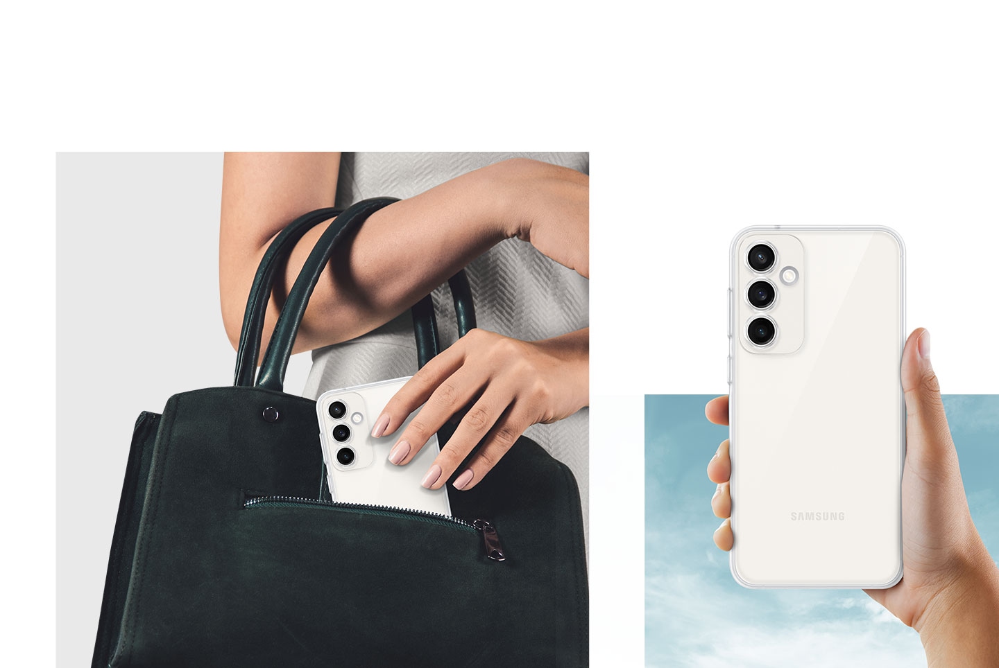 Una persona coloca un dispositivo Galaxy S23 FE con Clear Case dentro de una bolsa. Una mano sostiene un dispositivo Galaxy S23 FE con Clear Case para mostrar su parte trasera.
