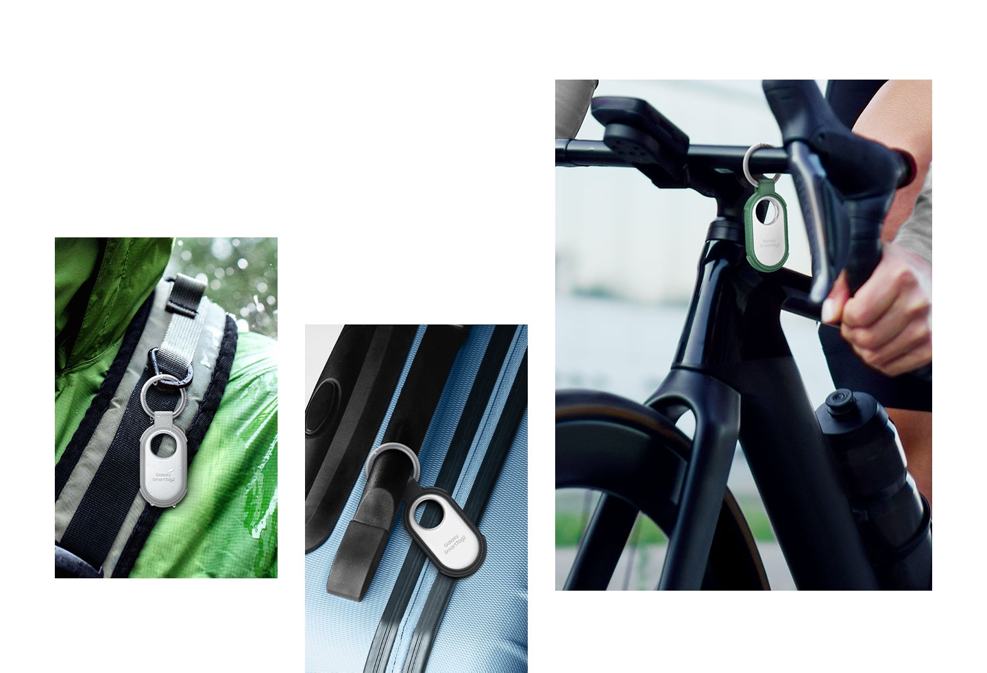 Se pueden ver estuches resistentes Galaxy SmartTag2 en verde, negro y gris, adheridos a artículos como una maleta, un asa de bicicleta y una mochila.