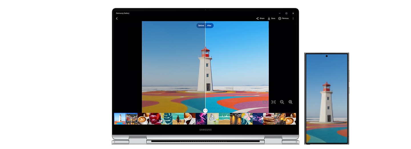 An image of a lighthouse, shown full screen on Galaxy S24 Ultra, is open in Samsung Gallery app on Galaxy Book4 Pro 360 and being remastered with the Photo Remaster tool. The onscreen image is divided in half by a slider - the left side shows the image before remastering and the right side shows the remastered image with enhanced quality.