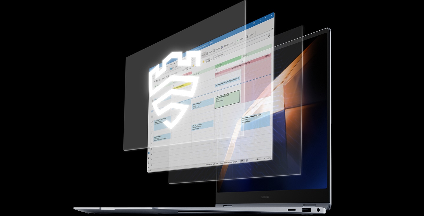 Galaxy Book4 Pro 360 in Platinum Silver is open, facing left with a dark wallpaper shown onscreen. Microsoft Outlook Calendar app window and two other layers of onscreen windows are shown on top of the device's screen. Samsung Knox logo shown in front.