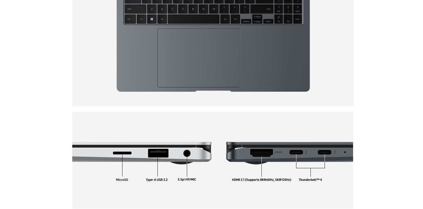 A top close-up view of the touchpad and keyboard area of a Moonstone Gray Galaxy Book4 Pro 360. One Platinum Silver and one Moonstone Gray Galaxy Book4 Pro 360 devices are set on the left and right side view to highlight the port layout. Ports are labeled MICRO SD. TYPE-A USB 3.2. 3.5PI HP/MIC. HDMI 2.1 (Supports 8K at 60Hz, 5K at 120Hz). THUNDERBOLT 4.