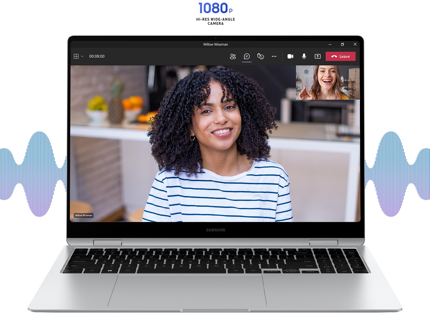 Front view of Galaxy Book4 Pro 360 in Platinum Silver, open and facing forward with Microsoft Teams app open in full screen and two people shown in a video call. 1080p HI-RES WIDE-ANGLE CAMERA.