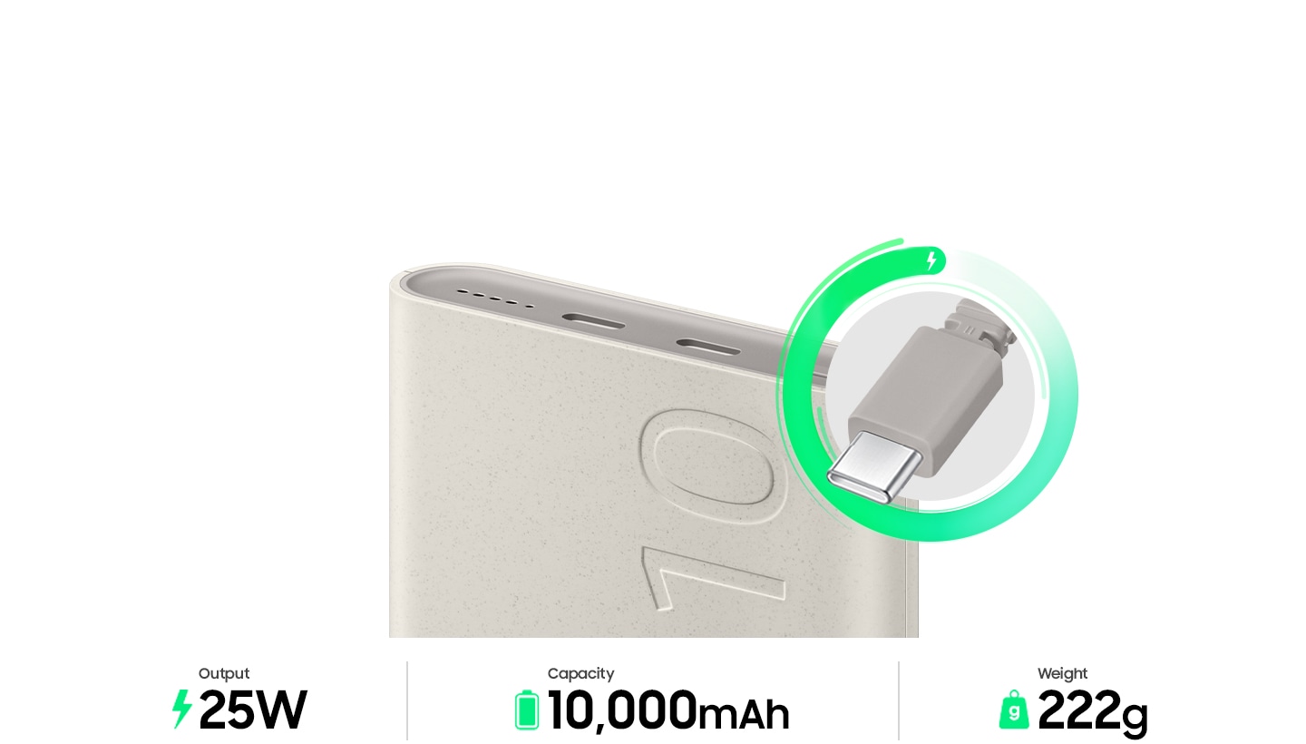 Detail of a silver external battery pack's outputs with a prominent power indicator, alongside its USB-C connector encased compatibility or functionality.