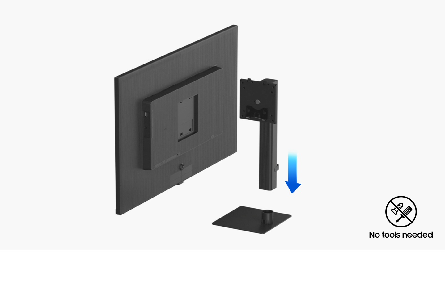 The neck stand is inserted down to the bottom stand. And the neck stand turns to the monitor's rear side and it is finally attached to the rear of the monitor. “Easy Setup!’ message is shown. And the next of the monitor “No tools needed” icon included.