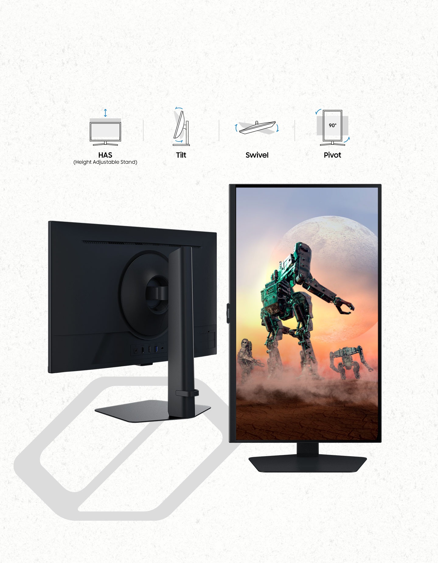 Two monitors show off the front and back designs of the G5. The monitor on the left shows the backside of the monitor featuring a stand that can adjust different heights. The monitor on the right has its screen pivoted fully vertical and on the screen shows robots standing on a deserted planet. Above the monitors shows a grid of ergonomic features from HAS(Height Adjustable Stand) and tilt capabilities to the swivel and 90º pivot flexibility. An Odyssey logo is added at the bottom of the monitor on the left.