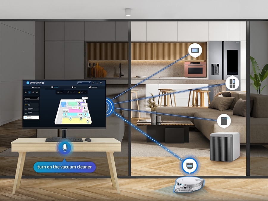 There is a monitor in a room with a vacuum cleaner, and outside of the room, a kitchen and living room is shown. In the kitchen, there is a cooker and a refrigerator. And there is an air purifier in the living room. All the devices are connected with the Smart Monitor with SmartThings, and the vacuum cleaner is activated by commanding at the SmartThings hub on the monitor in a voice saying 'turn on the vacuum cleaner'.