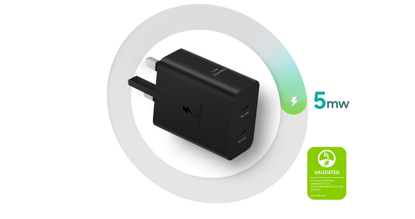 A black Power Adapter is lying sideways with the text that reads '5mW'. On the right, a UL Environmental Claim Validation Mark is shown that reads ‘VALIDATED. EP-T5020 CONTAINS A MINIMUM OF 3.5% POST-CONSUMER RECYCLED CONTENT. UL.COM/ECV'.