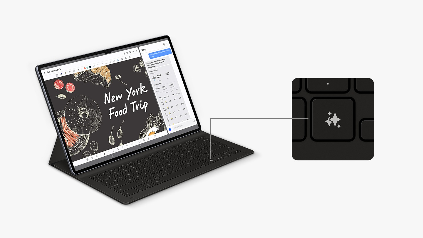 A Galaxy Tab S10 Ultra device with a Book Cover Keyboard Slim attached is angled slightly to the right, displaying Note Assist app on the screen. The screen in split to show a conversation with Bixby on one side. A close-up highlights the Galaxy AI key on the keyboard, showing its location.