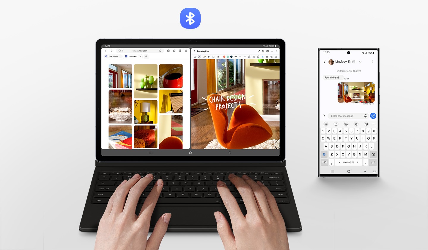 A person is using Galaxy Tab S10 Plus with the Book Cover Keyboard. Its screen is divided into two windows with several image results of home furniture on the web and one of the images being edited. A Galaxy smartphone with the image on the screen while letters are being typed with the cover's keyboard. Bluetooth logo is shown.