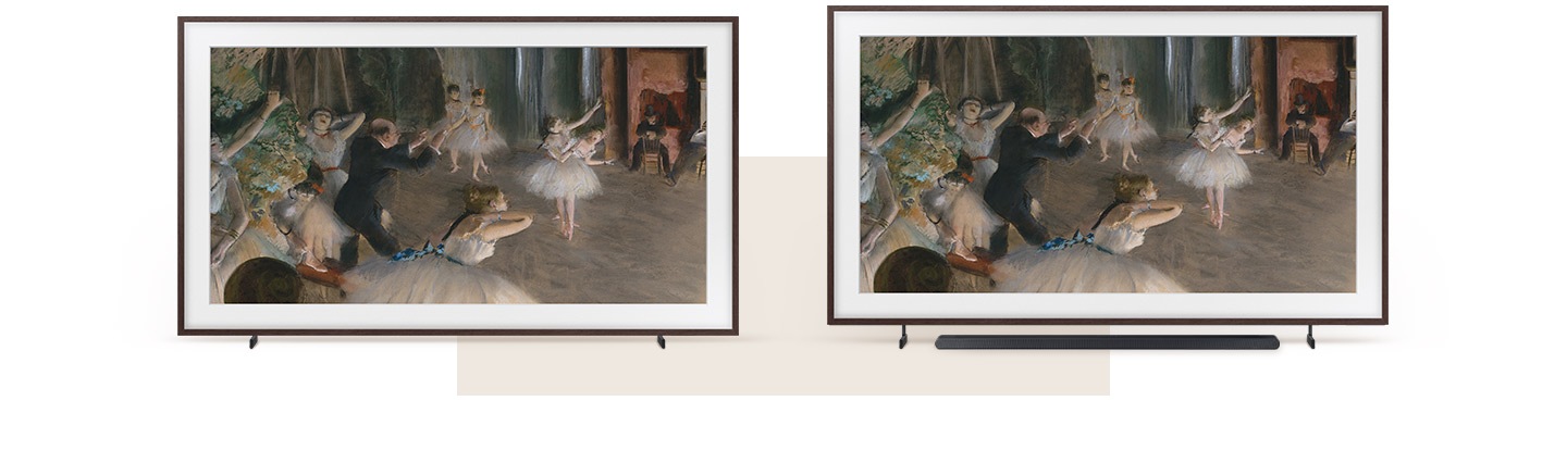 Two The Frame TVs side by side are on Height Adjustable Stands. One of stands is adjusted to fit a soundbar beneath the TV.