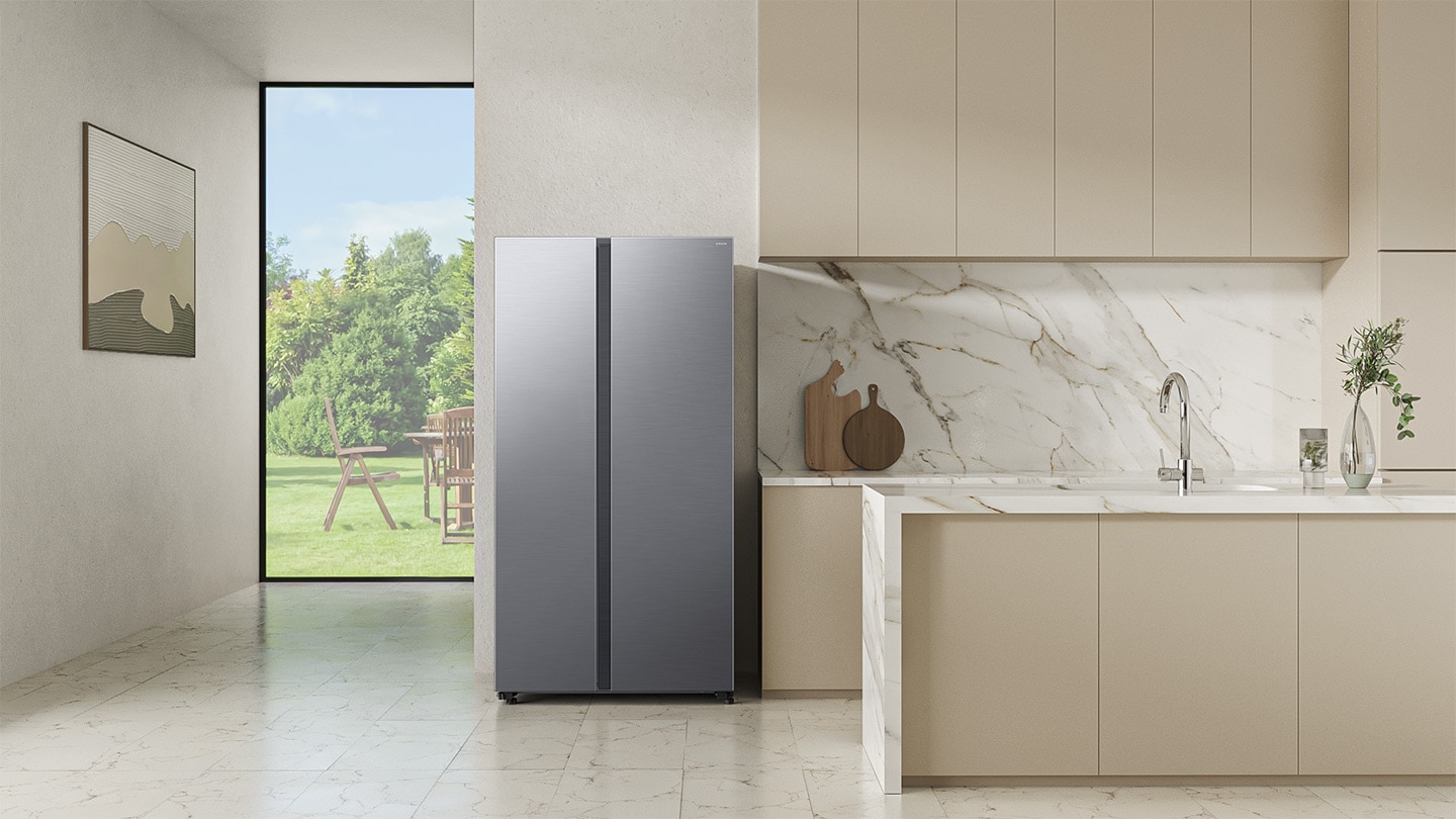 The refrigerator is installed in the modern Kitchen.