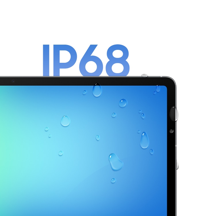 Galaxy Tab S10 FE+ shown with water droplets on the screen to highlight the IP68-rated water and dust resistance.