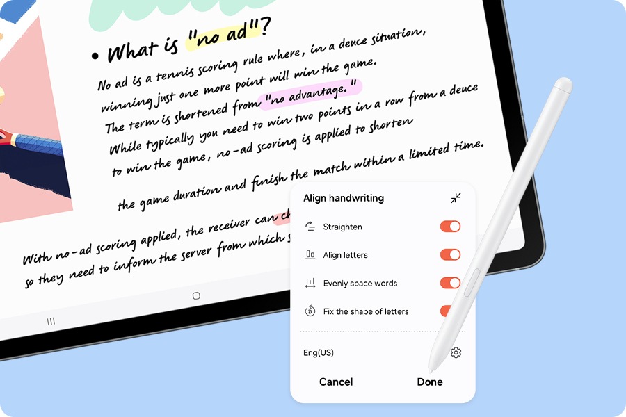 S Pen is used in Samsung Notes app on the screen of Galaxy Tab S10 FE+ to automatically align the handwriting of a messy note using the Handwriting Help feature.