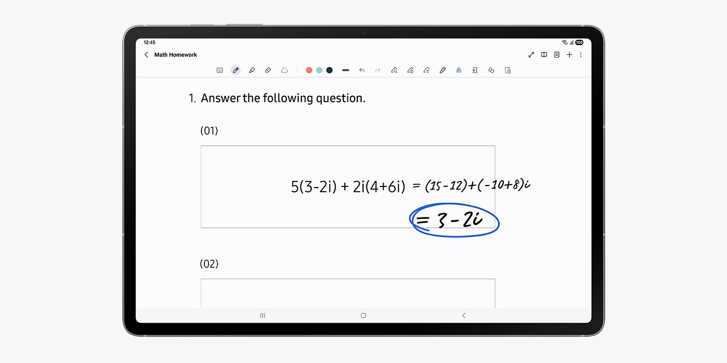 Galaxy Tab S10 FE+ screen shows a page labeled 'Math Homework' and a math equation with its solution written next to it.