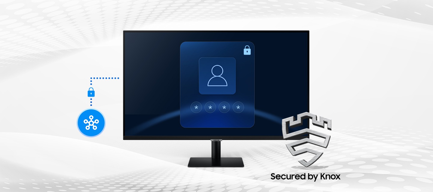 SmartThings links to the monitor. Monitor shows a secure login screen. Secured by Knox logo.