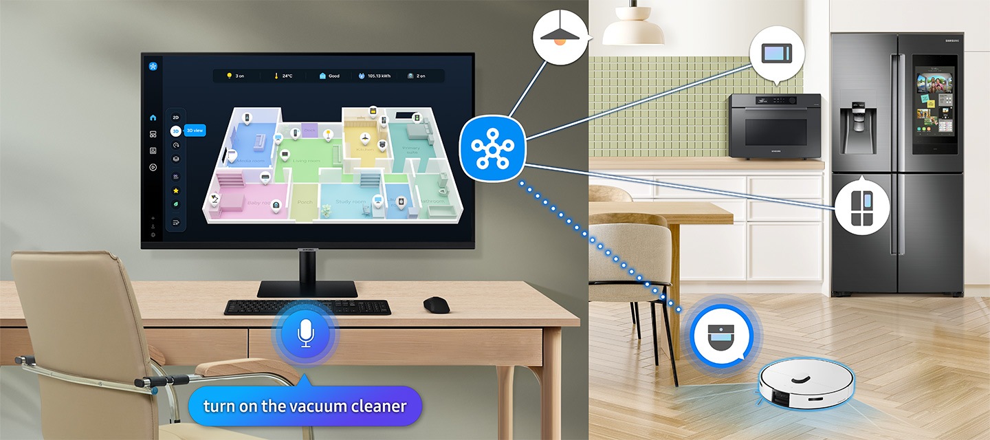 A monitor shows 3D Map View of home devices. Microwave, refrigerator and vacuum cleaner connected to SmartThings icon. Microphone icon with dialogue bubble reading "turn on the vacuum cleaner." Vacuum cleaner turned on.