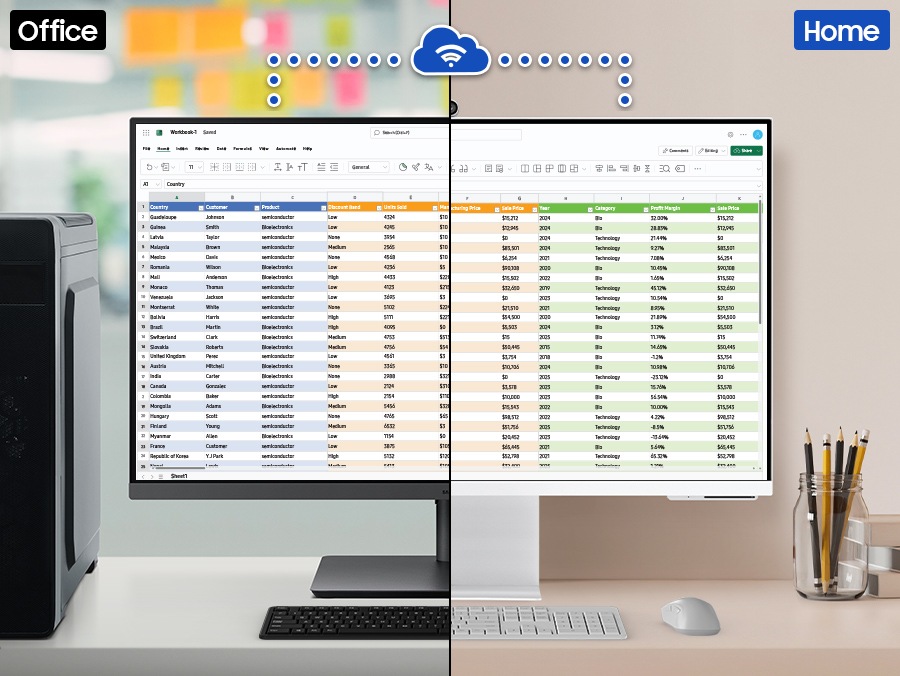 Monitor in an office workspace displays an Excel file containing a lot of data. This monitor is connected to another monitor at home via Wi-Fi, and both monitors show the same Excel file.