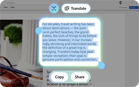 A close-up of the Galaxy AI Translate interface on Galaxy Book6 Pro shows a highlighted text on the display. The Translate button is shown above the selected text, while Copy and Share buttons are shown below it.