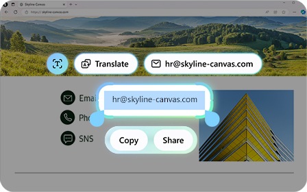 A close-up of the Galaxy AI Send email interface on Galaxy Book6 Pro shows an email address highlighted from a webpage. A clickable Send Email button is shown along with the Translate, Copy, and Share buttons.