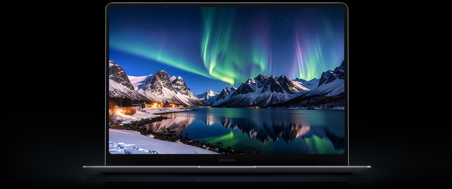 Galaxy Book6 Pro is open facing forward, showcasing its vivid AMOLED display. The onscreen image highlights bright, lifelike colors and deep blacks for clear visibility.