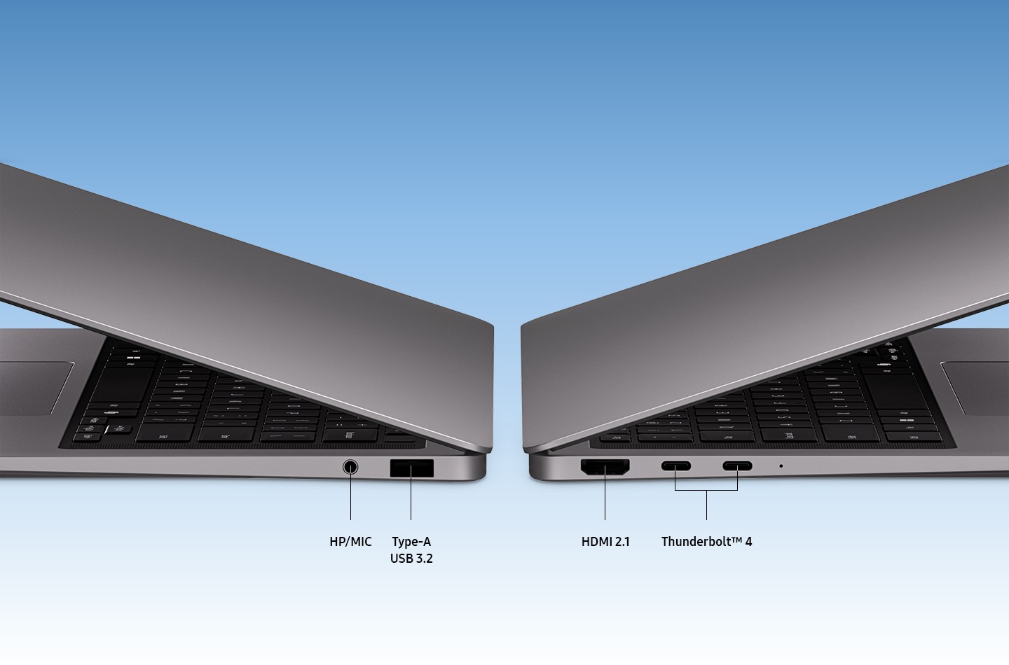 Two Galaxy Book6 Pro devices slightly open are set on the left and right side view to highlight the port layout. Ports are labeled HP/MIC, Type-A USB 3.2, HDMI 2.1, and two Thunderbolt™ 4, highlighting the wide range of connectivity options for accessories, displays, and fast data transfer.