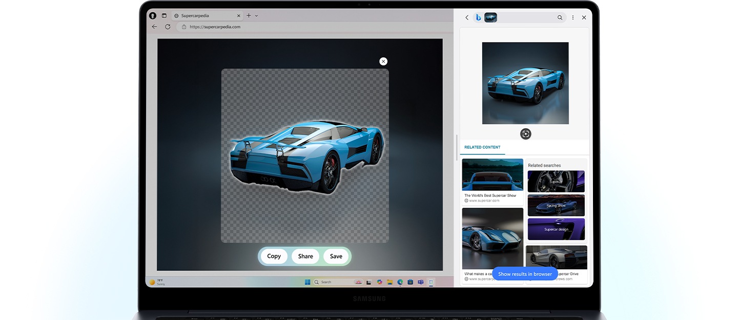 Galaxy Book6 Pro open to a browser page where Galaxy AI select is used to highlight an image and create a cutout. Copy, Share and Save buttons appear below the selection, with related image results shown on the right.