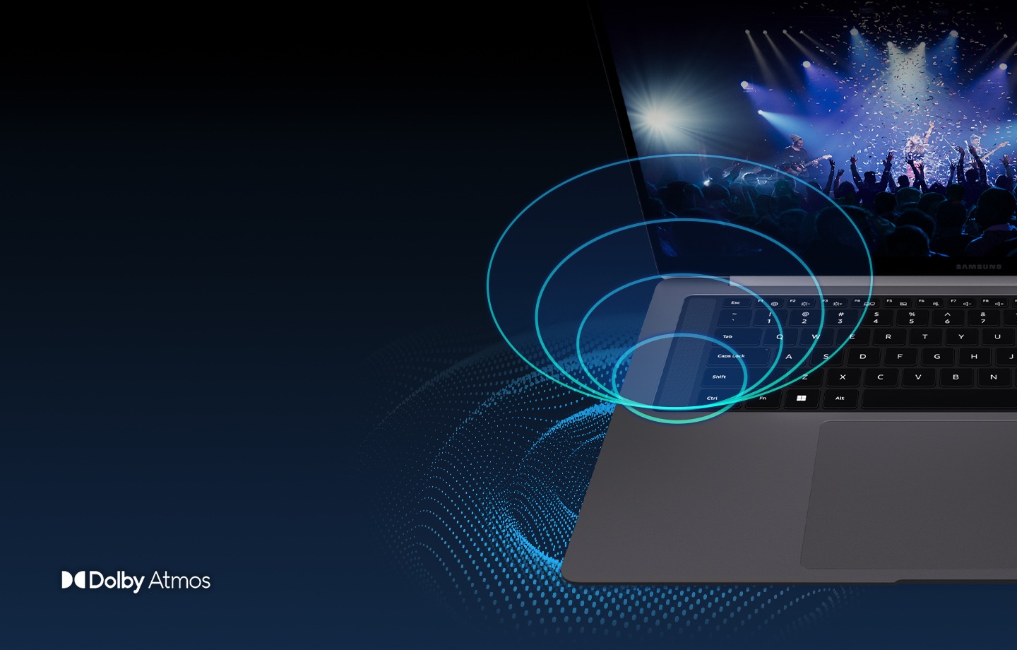 Galaxy Book6 Pro is open and facing forward, showing the keyboard area and a concert video with a cheerful audience on the display. Illustrated sound waves flow from the side of the keyboard. Dolby Atmos logo is shown.