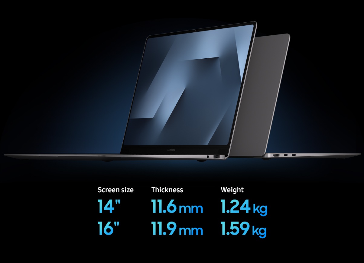 Two open Galaxy Book6 Pro laptops in Gray side by side, each angled to show their slim profiles. Galaxy Book6 Pro comes in 14-inch and 16-inch screen sizes. The 14-inch model weighs 1.24kg with an 11.6mm thickness, while the 16-inch model weighs 1.59kg with an 11.9mm thickness.