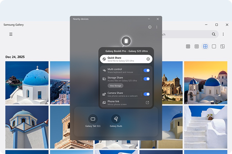 Galaxy Book6 Pro displays Samsung Gallery app open with a list of photos on the device. A Nearby devices pop-up indicates a connection to Galaxy S25 Ultra. Quick Share is in use to transfer photos between the two devices.