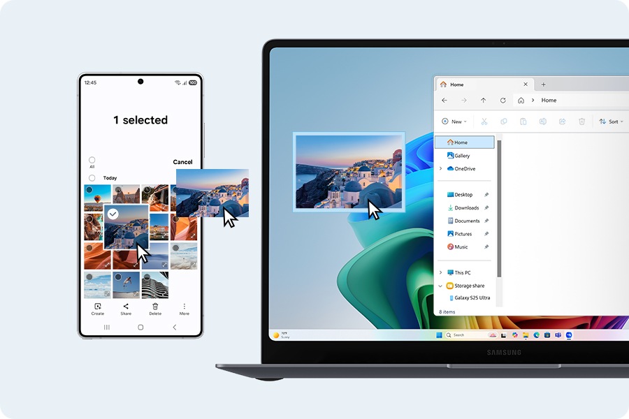 Image selected on the screen of Galaxy S25 Ultra is copied to a folder on Galaxy Book6 Pro using Multi Control to operate both devices.
