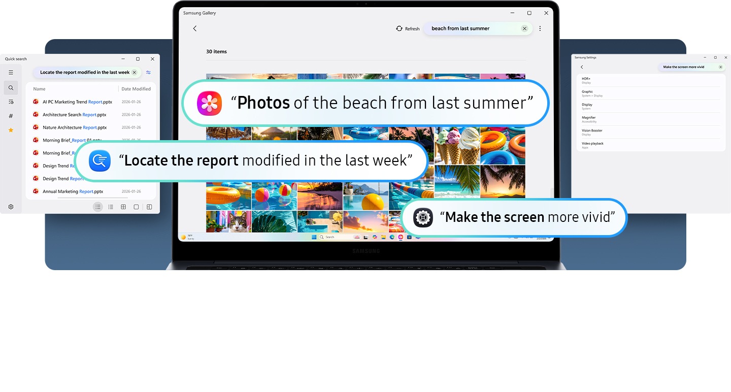Front view of Galaxy Book6 Pro with the Samsung Gallery app open on the screen. Commands such as 'Photos of the beach from last summer' 'Locate the report modified in the last week,' and 'Make the screen more vivid' demonstrate how Galaxy AI can locate photos, files, or settings through natural conversational search.