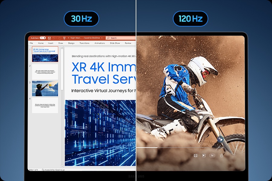 Galaxy Book6 Pro display is shown split in half. On the left, PowerPoint slides are shown at 30 Hz for energy-efficient viewing. On the right, a video of a motorcyclist riding through a dusty scene plays at 120 Hz, capturing smooth, fluid motion with visible dust in the air.