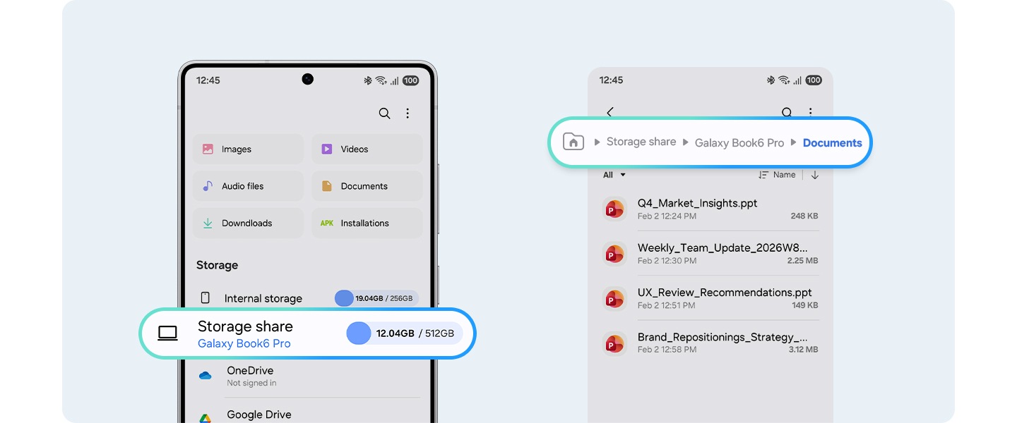 Front view of Galaxy S25 Ultra on the left showing its storage status that it is accessing shared storage from Galaxy Book6 Pro. On the right, front view of Galaxy S25 Ultra shows it has access to a file folder on Galaxy Book6 Pro.