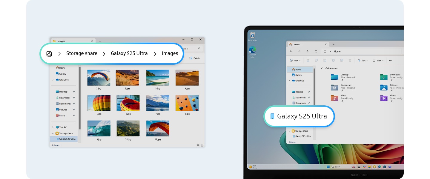 A folder window on Galaxy Book6 Pro is shown with image thumbnails located on Galaxy S25 Ultra. On the right, front view of Galaxy Book6 Pro shows a folder accessing Galaxy S25 Ultra, highlighting smooth cross-device file access.