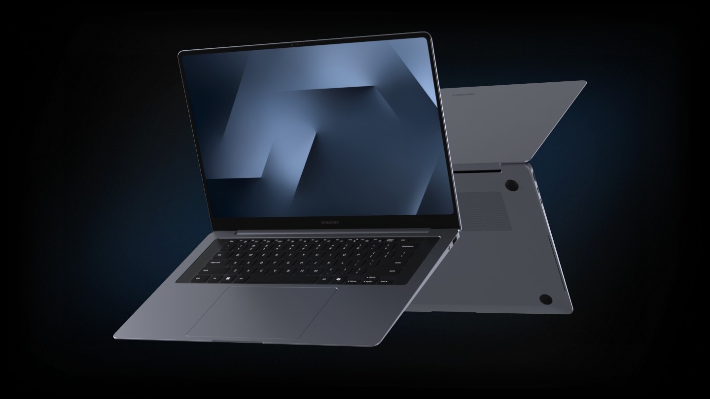 A close-up of Galaxy Book6 Pro's two-tone keyboard zooms out to reveal the full keyboard with haptic touchpad. The laptop rotates to the front to show the screen. It then shifts to a left-side view with the device closed, highlighting its slim profile. Two Galaxy Book6 Pro laptops appear while slightly open and overlapped, each facing opposite direction. Both devices then rotate, ending with one open and facing forward while the other is turned backward.