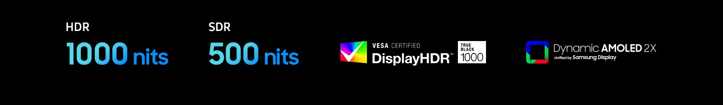 Text reads HDR 1000 nits, SDR 500 nits. Vesa Certified Display HDR True Black 1000 nits logo and Dynamic AMOLED 2x vivified by Samsung Display logo are shown.