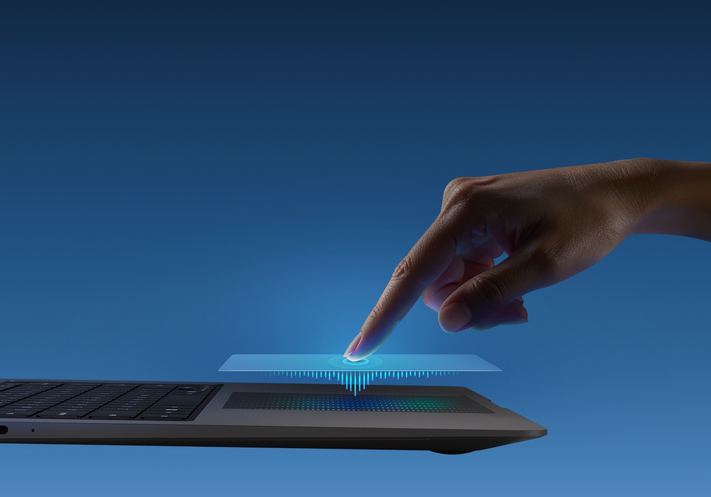 A hand is shown pressing Galaxy Book6 Pro haptic touchpad with the index finger. A overlay illustrates tactile feedback for smoother navigation and more intuitive control.