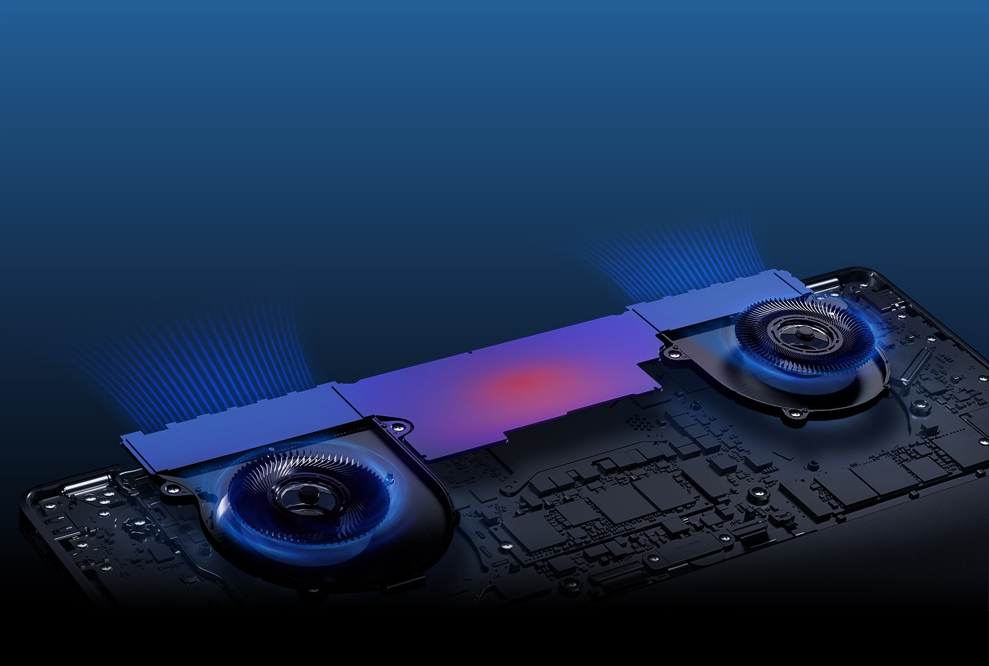 Cooling system inside Galaxy Book6 Pro is shown, with a wider vapor chamber, larger fins and a quieter fan design. Graphic lines visualize heat moving away from the components, demonstrating faster heat dissipation.