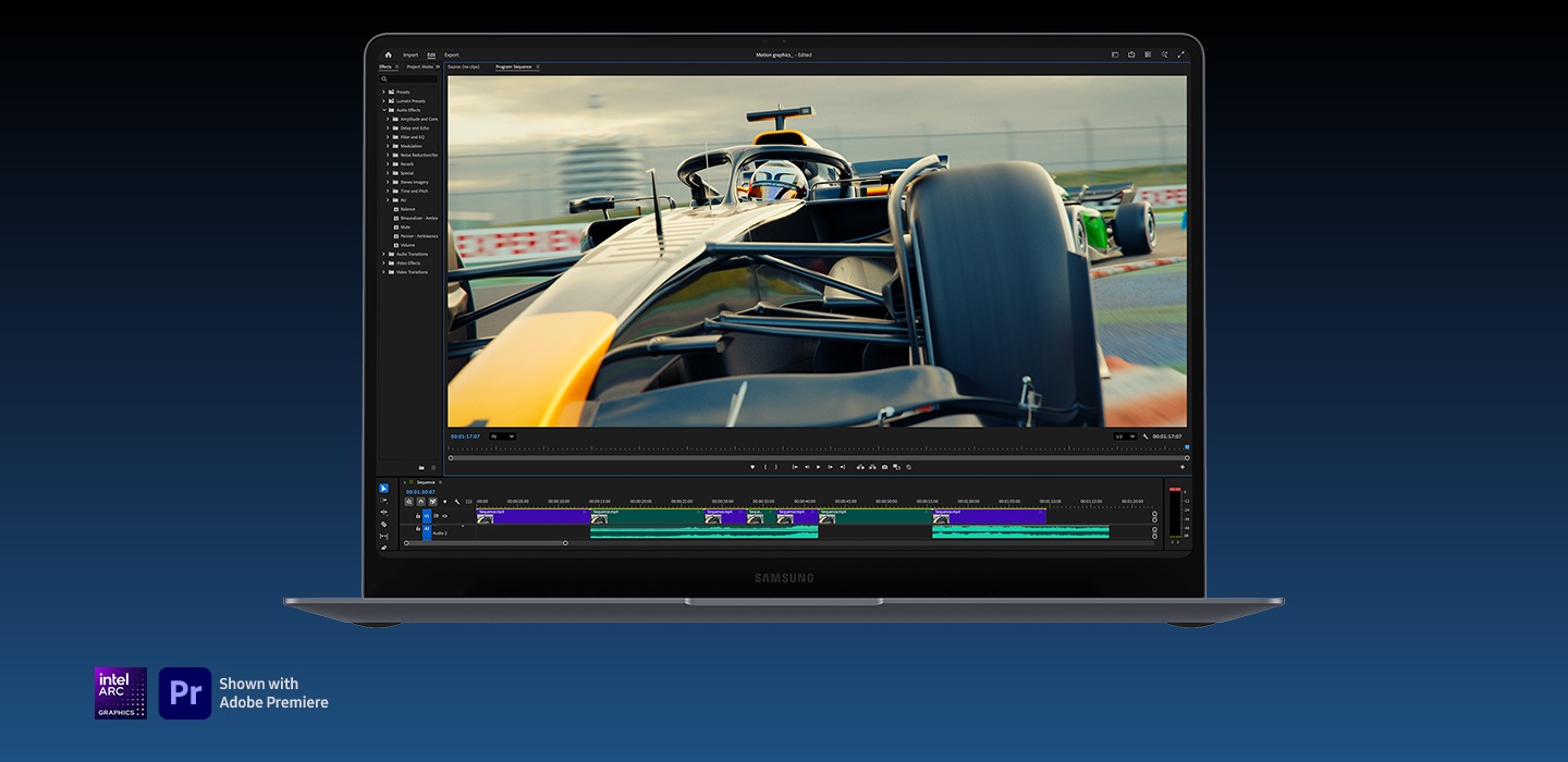 Galaxy Book6 Pro is open and facing forward, showing Adobe Premiere Pro playing a racing-car video that is being edited. The cars move at high speed with sharp detail and smooth, fluid graphics. Intel Arc Graphics logo and Adobe Premiere logos are shown.