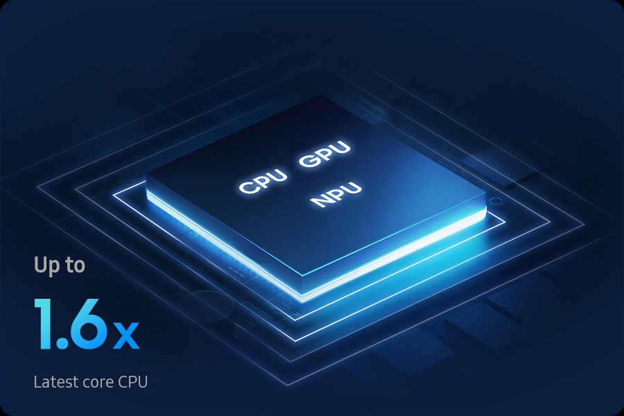 A close-up view of Galaxy Book6 Pro chipset containing the CPU, GPU and NPU is shown. The latest core CPU delivers up to 1.6 times improved performance.
