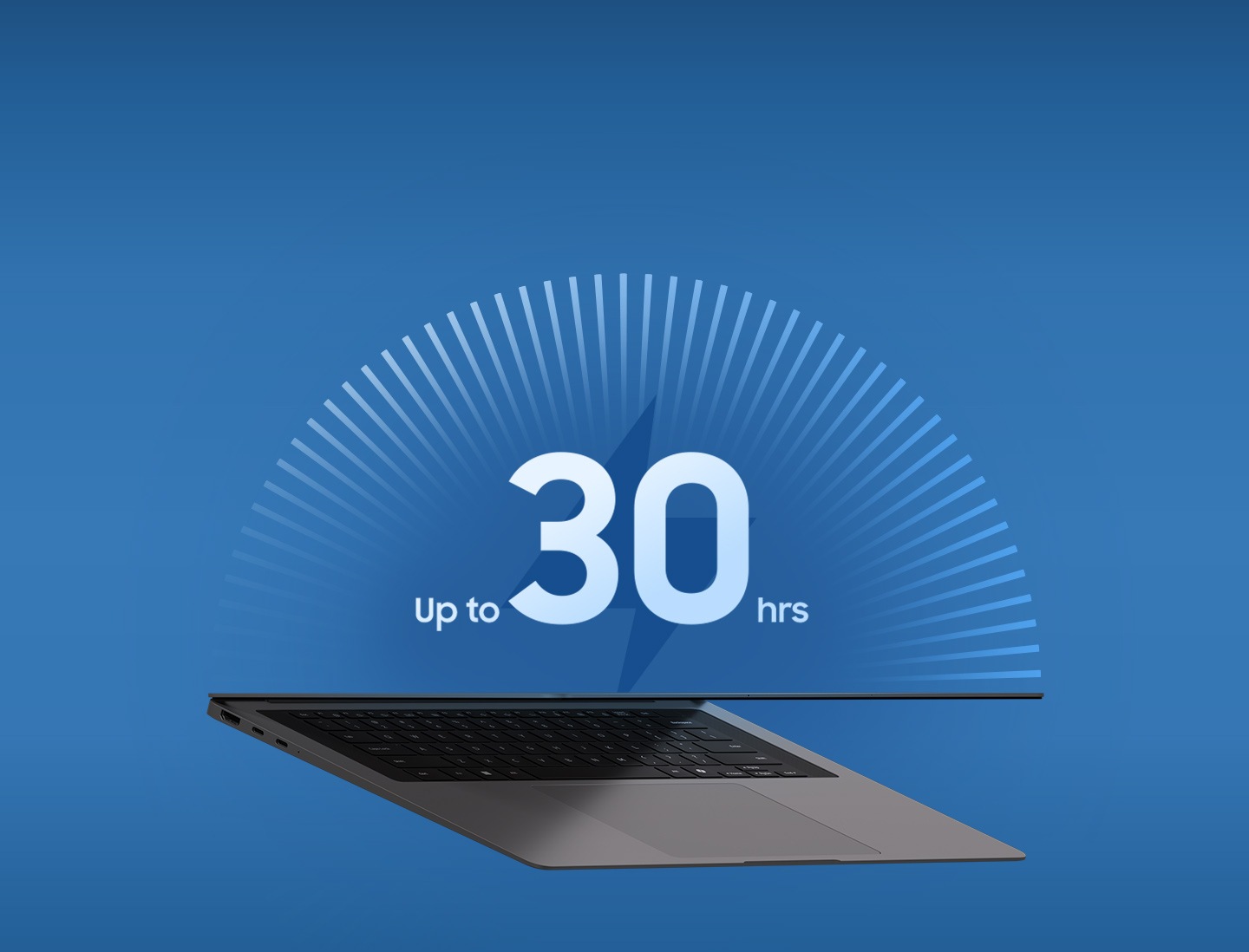Galaxy Book6 Pro is shown partially open from a slightly elevated angle. A graphic above the device highlights up to 30 hours of battery life.