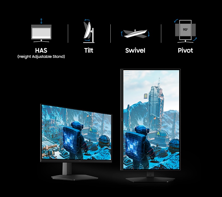 A horizontal screen and a vertical screen show a character looking at the enemy base. HAS (Height Adjustable Stand), Tilt, Swivel, Pivot.