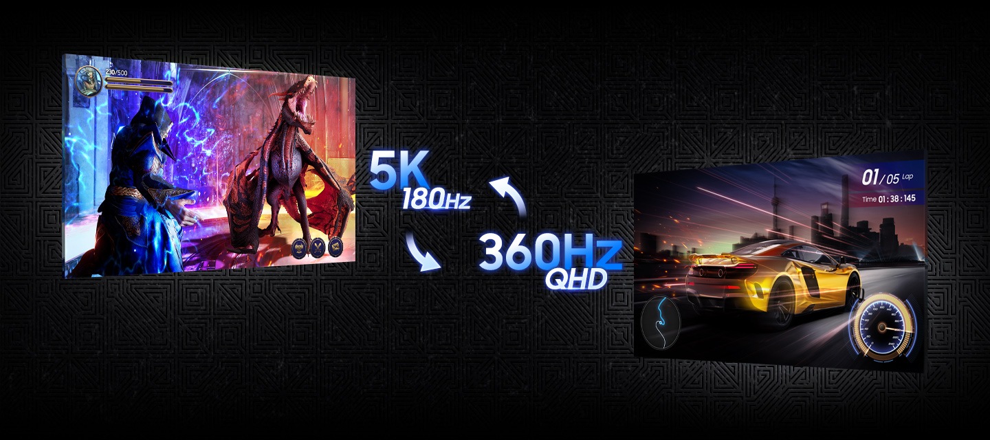 Two screens show different games. One game is displayed at 5K and 180Hz, and the other is displayed at QHD and 360Hz.