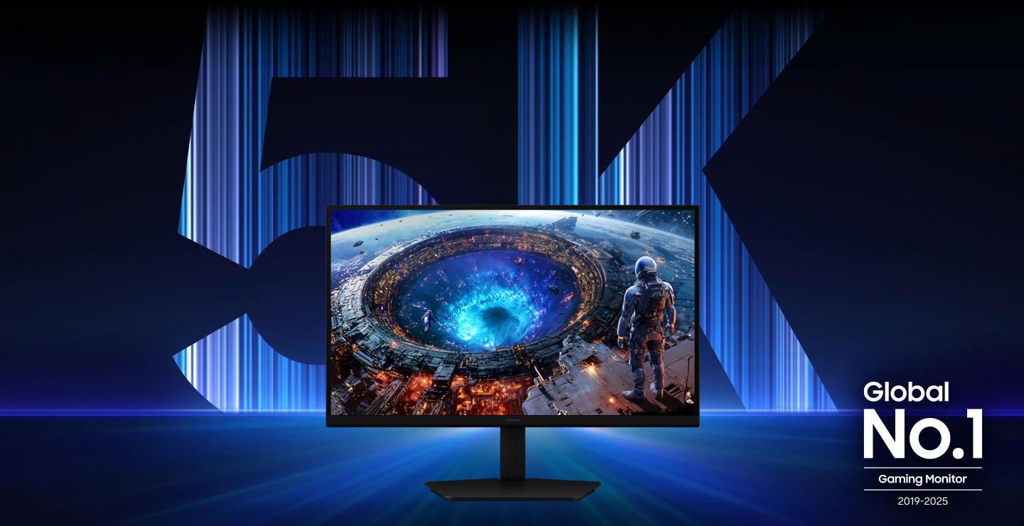 An Odyssey G8 monitor displays a character looking at the portal, with 5K text positioned behind it. Global No.1 Gaming Monitor 2019-2025 logo.