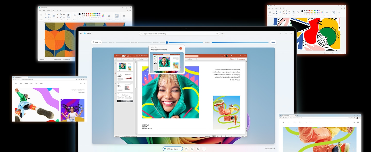 Screenshots of Recall are shown displaying search results of different queries and selection on the timeline, including a webpage, a Paint app and a PowerPoint presentation.