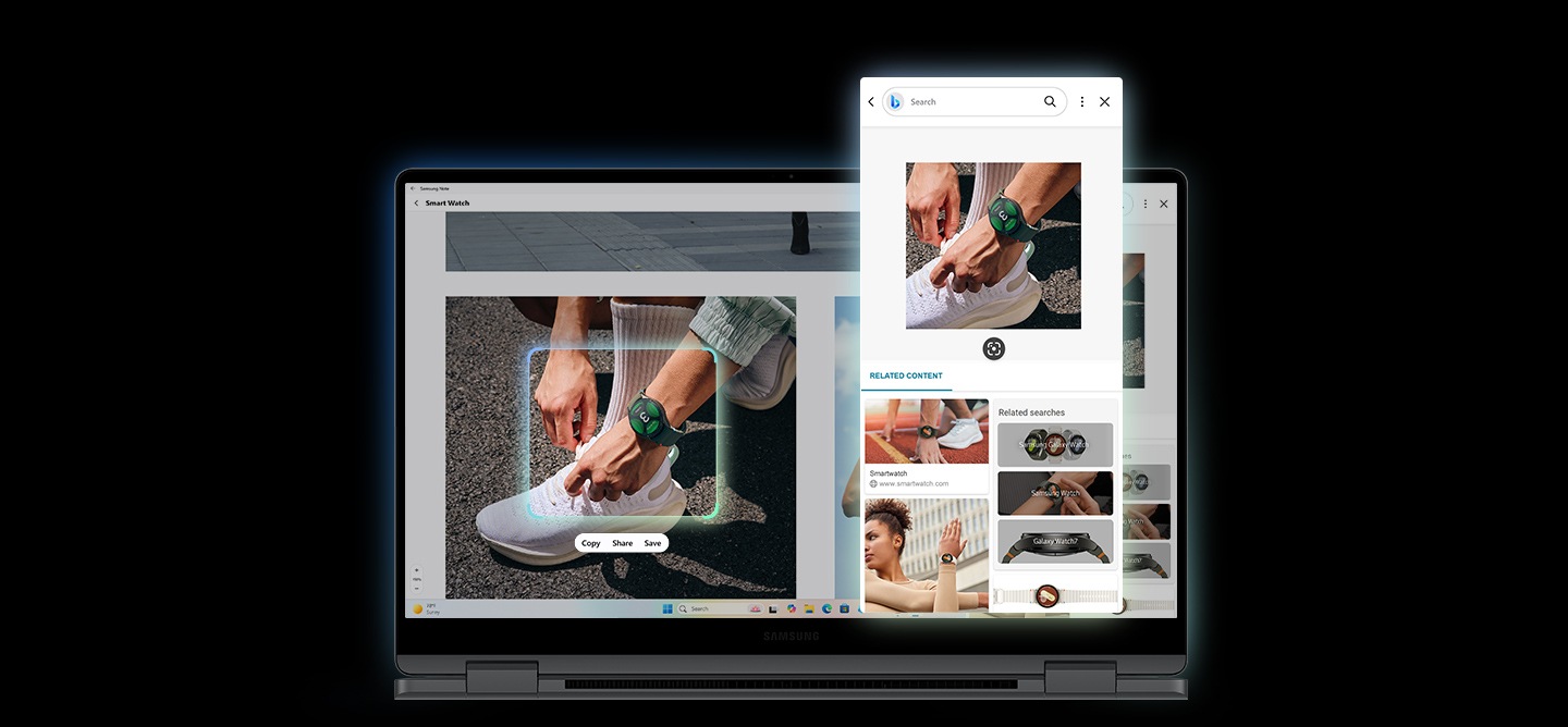 A smart watch shown onscreen on Galaxy Book5 360 is traced using AI Select and search results with relevant content appear on the screen.