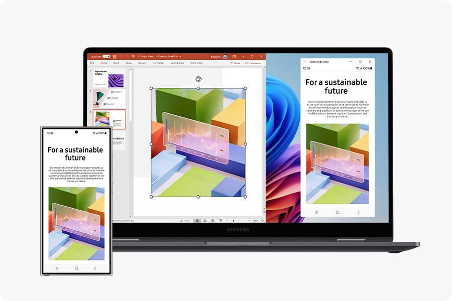 Galaxy S24 Ultra is connected to Galaxy Book5 360 through the Phone Link app. The onscreen content on Galaxy S24 Ultra is accessed directly on Galaxy Book5 360 and an image is copied and pasted onto a presentation file open on the laptop's screen.