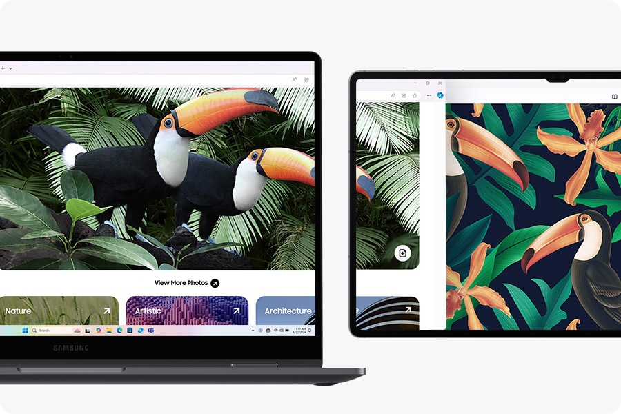 A webpage and a note in Samsung Notes app are open on Galaxy Book5 360 and the screen is extended on Galaxy Tab S10 Ultra in Landscape mode to highlight the dual-monitor experience with Second Screen.