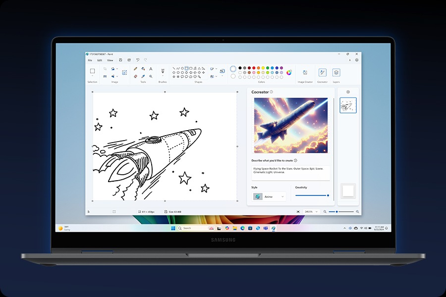 Galaxy Book5 360 is open, facing front with Paint app open in full screen with the Cocreator feature being used to turn a sketch of a flying space rocket to the stars into an AI-generated design image.